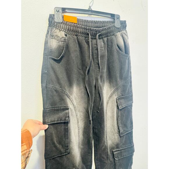 AMERICAN BAZI Black Washed Wide-Leg Cargo Style Drawstring Pants NWT size Small - Picture 9 of 14